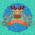 Cute horned elk with banner and autumn floral decoration.