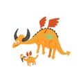 Cute horned mature dragon with wings and small baby dragon, mother and her child, family of mythical animals cartoon