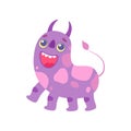 Cute Horned Monster, Smiling Funny Alien Cartoon Character Fantastic Creature Vector Illustration