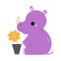 Cute Horned Rhino Animal Sitting Near Flowerpot with Growing Flower Vector Illustration