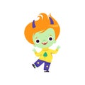 Cute Horned Troll Boy, Adorable Happy Fantasy Creature Character with Red Hair Vector Illustration