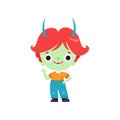 Cute Horned Troll Boy, Happy Fantasy Creature Character with Colored Hair Vector Illustration