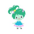 Cute Horned Troll Girl, Adorable Smiling Fantasy Creature Character with Green Hair Vector Illustration