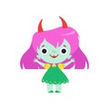 Cute Horned Troll Girl, Happy Smiling Fantasy Creature Character with Colored Hair Vector Illustration