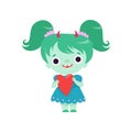 Cute Horned Troll Girl, Lovely Smiling Fantasy Creature Character with Green Hair Vector Illustration