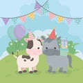 Cute hors and cow in birthday party scene