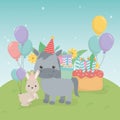 Cute hors and rabbit in birthday party scene