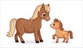 Cute Horse With Foal On A White Background In Cartoon Style. Vector Illustration