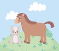 Cute horse and goat grass bush cartoon animals in a natural landscape Royalty Free Stock Photo