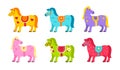 Cute horses. Cartoon bright color ponies with decor elements and different saddles, little funny equines in different