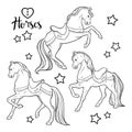 Cute horses and stars set isolated vector illustration. Coloring book pages for adults and kids Royalty Free Stock Photo