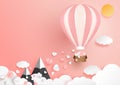 Cute hot air balloons decorated with baskets have paper hearts pink and white rising on the clouds and top mountain. Illustration. Royalty Free Stock Photo