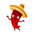 Cute hot chili pepper in sombrero hat. Mexican culture symbol cartoon vector illustration Royalty Free Stock Photo