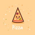 Cute hot pizza slice cartoon comic character with smiling face tasty fastfood happy emoji kawaii style classic fast food