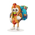 Cute hotdog mascot carrying a schoolbag, backpack, back to school