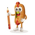 Cute hotdog mascot holding pencil