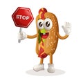 Cute hotdog mascot holding stop sign, street sign, road sign Royalty Free Stock Photo