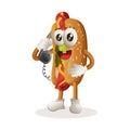 Cute hotdog mascot pick up the phone, answering phone calls Royalty Free Stock Photo