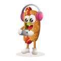 Cute hotdog mascot playing game mobile, wearing headphones