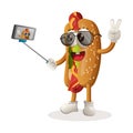 Cute hotdog mascot takes a selfie with smartphone