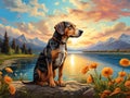 A cute hound dog with breathtaking lake, in a painting of Van Gogh style, with flowers, tree, mountain, spring, fluffy clouds