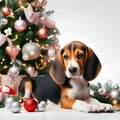 A cute hound dog sitting with a beautiful chrsitmas tree and the ornaments, white background, animal design