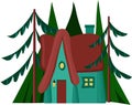 a cute little house with a thatched roof on the background of firs and pines. cartoon vector illustration