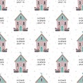 Cute house with bird and flowers in pots. Sweet or welcome home concept. Seamless vector pattern. Royalty Free Stock Photo