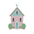 Cute house with bushes and bird on a top. Sweet home or welcome home concept. Vector flat illustration. Royalty Free Stock Photo