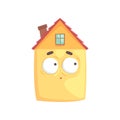 Cute house cartoon character with confused expression on its face, funny emoticon vector illustration