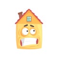 Cute house cartoon character with nervous smile, funny facial expression emoticon vector illustratio