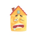 Cute house cartoon character sleeping, funny facial expression emoticon vector illustration