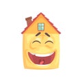 Cute house character laughing, funny facial expression emoticon cartoon vector illustration