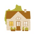 Cute house, home in village or town neighborhood, summer brown facade of funny house