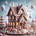 A cute house made of chocolate and candies, in a beautiful wonderland, fantastical, dreamy, fantasy art