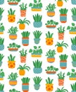 Cute house plants in pots seamless vector pattern
