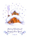 Cute house in snow. Christmas, new year card. Water color