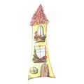 Cute house, watercolor sketch style with graphic elements, cartoon. Illustration of an isolated object from a large set