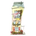 Cute house, watercolor sketch style with graphic elements, cartoon. Illustration of an isolated object from a large set