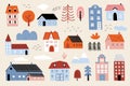 Cute houses. Buildings in cartoon flat style, city village isolated elements, home and tree icons, small chimney town Royalty Free Stock Photo