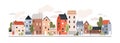 Cute houses, city buildings in Scandinavian style. Cosy town panorama with home exteriors, Scandi architecture. Urban