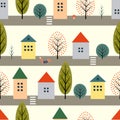 Cute houses, fox and autumn trees along the street seamless pattern Royalty Free Stock Photo