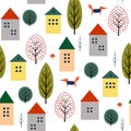 Cute houses, fox and autumn trees seamless pattern on white background. Royalty Free Stock Photo