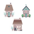 Cute houses with lights, bushes, flowers in pots. Sweet home or welcome home concept. Vector flat illustrations set. Royalty Free Stock Photo