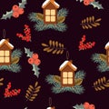 Cute houses with pine branches on dark background. Vector seamless pattern for any surfaces. Royalty Free Stock Photo