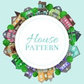 Cute houses round pattern with color home background vector illustration. Down town wrapping backdrop roof print. City Royalty Free Stock Photo