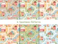 Cute houses seamless pattern set, cartoon old colorful architecture in scandinavian style Royalty Free Stock Photo