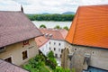 Cute houses with tiled roofs in Austria on Danube beach.