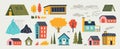 Cute houses. Trendy rural hand drawn landscape with buildings trees mountains and clouds. Vector paper cut flat design