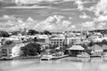 Cute houses with yacht, boat at harbor, St. John, Antigua Royalty Free Stock Photo